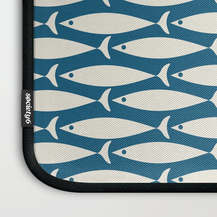 Mid Century Modern Fish Pattern in Teal Blue and Cream Laptop Sleeve Gallery Image 3