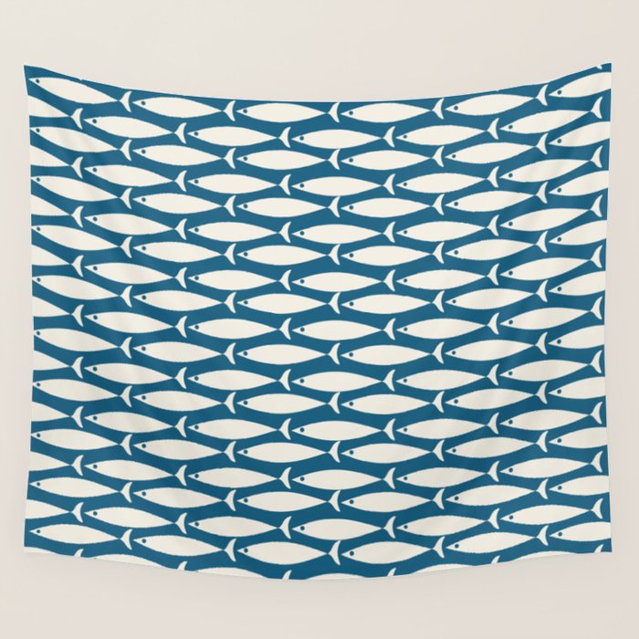 Mid Century Modern Fish Pattern in Teal Blue and Cream Wall Tapestry Gallery Image 4