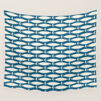 Mid Century Modern Fish Pattern in Teal Blue and Cream Wall Tapestry Gallery Image 4