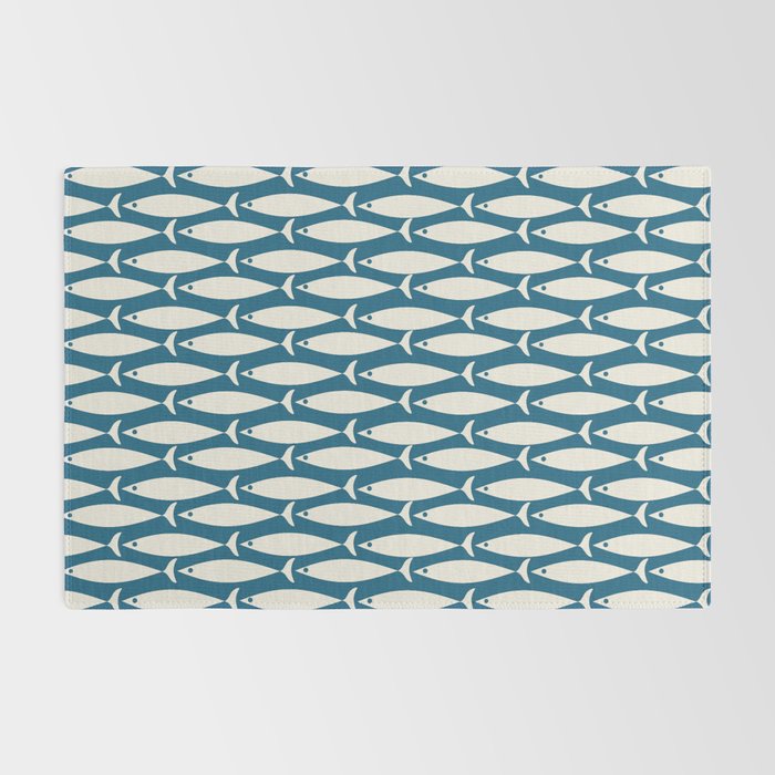 Mid Century Modern Fish Pattern in Teal Blue and Cream Rug Gallery Image 2