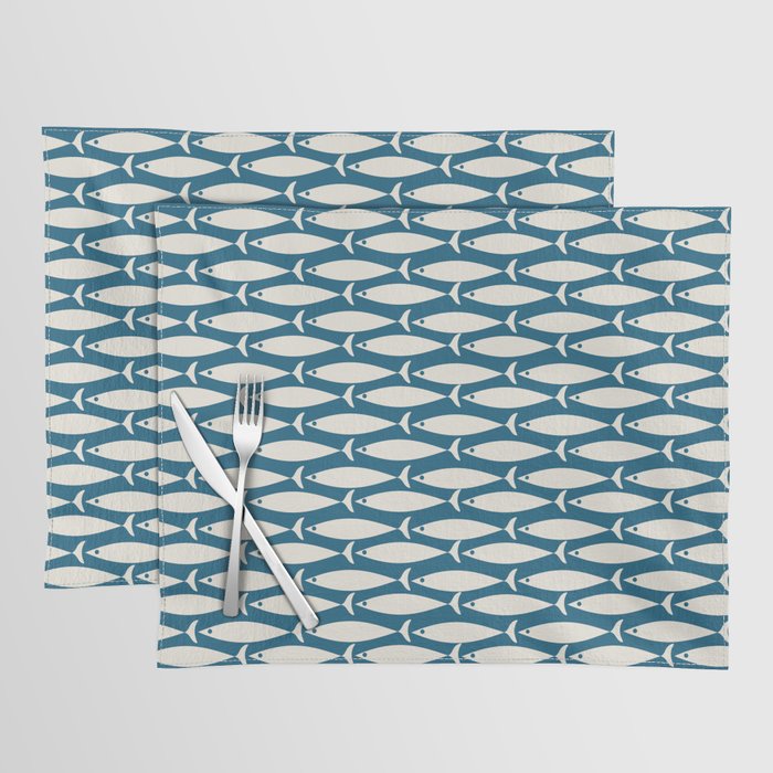 Mid Century Modern Fish Pattern in Teal Blue and Cream Placemat Gallery Image 1