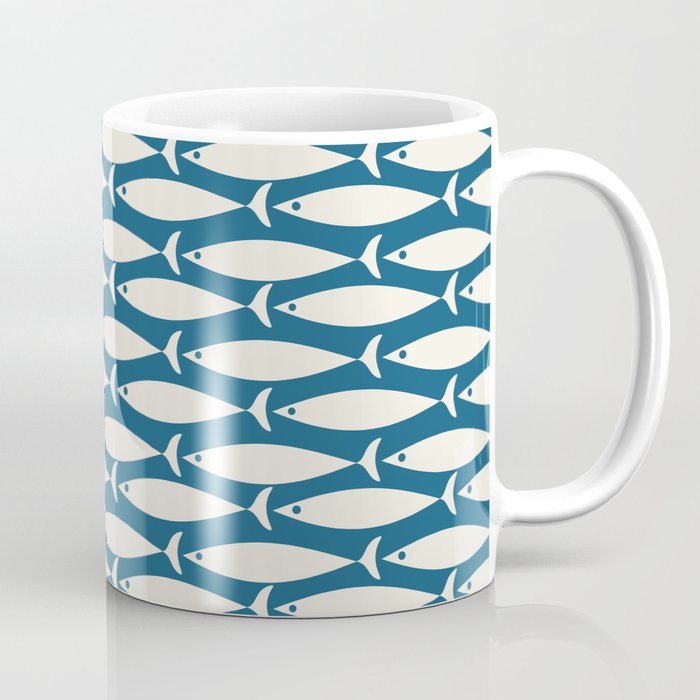 Mid Century Modern Fish Pattern in Teal Blue and Cream Coffee Mug Gallery Image 1