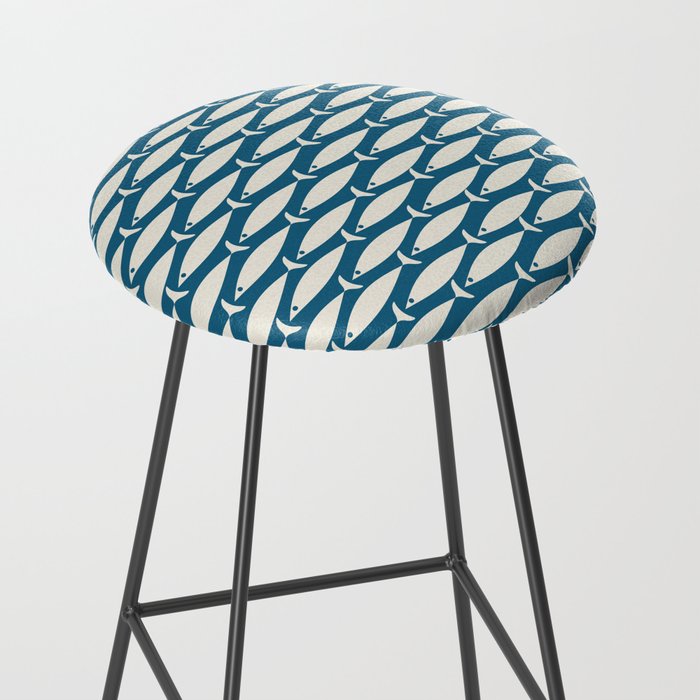 Mid Century Modern Fish Pattern in Teal Blue and Cream Stool Gallery Image 2