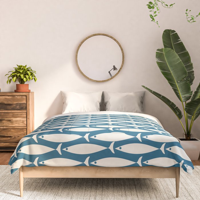 Mid Century Modern Fish Pattern in Teal Blue and Cream Comforter Gallery Image 3