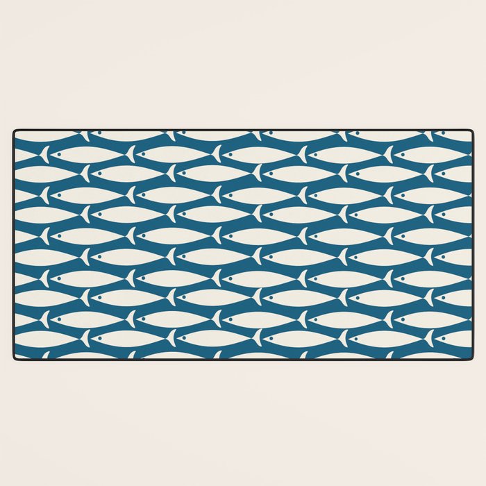 Mid Century Modern Fish Pattern in Teal Blue and Cream Desk Mat Gallery Image 3