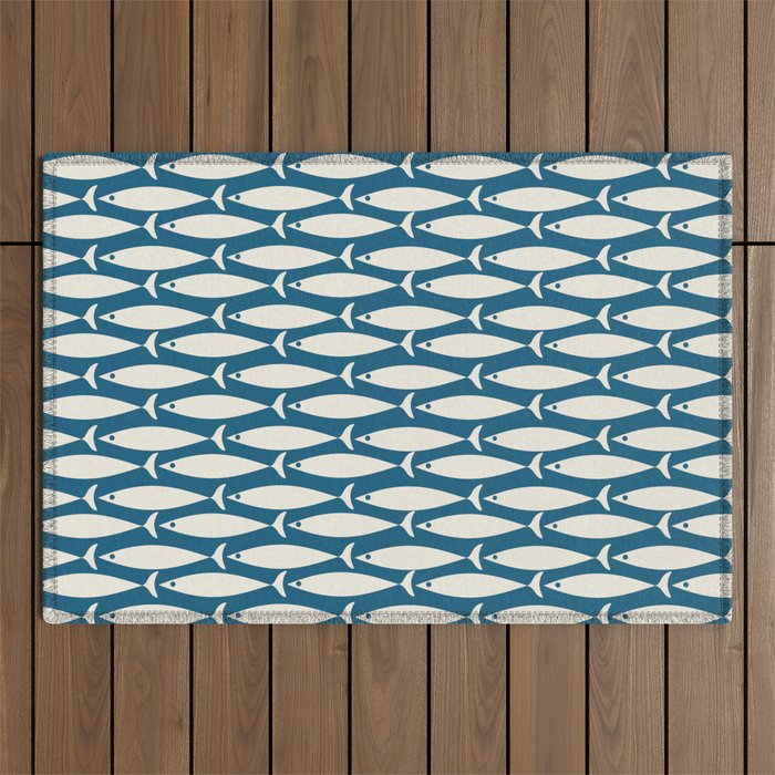 Mid Century Modern Fish Pattern in Teal Blue and Cream Outdoor Rug Gallery Image 1