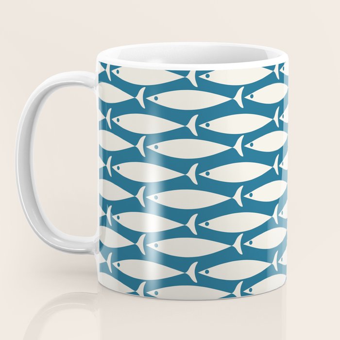Mid Century Modern Fish Pattern in Teal Blue and Cream Coffee Mug Gallery Image 3