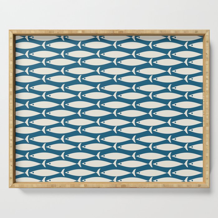 Mid Century Modern Fish Pattern in Teal Blue and Cream Serving Tray Gallery Image 1