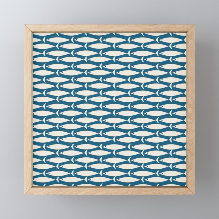 Mid Century Modern Fish Pattern in Teal Blue and Cream Mini Art Print Gallery Image 1