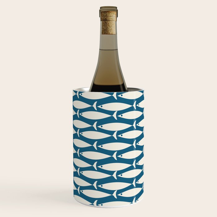 Mid Century Modern Fish Pattern in Teal Blue and Cream Wine Chiller Gallery Image 1