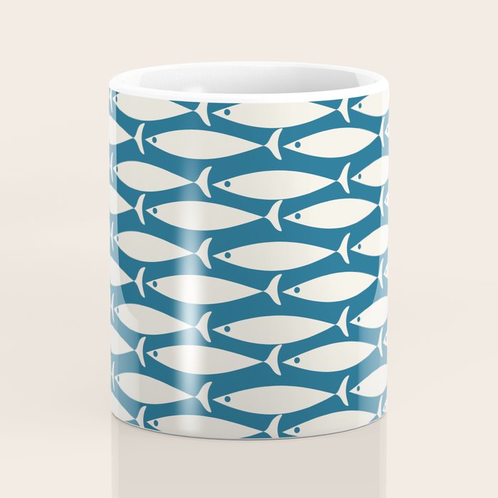 Mid Century Modern Fish Pattern in Teal Blue and Cream Coffee Mug Gallery Image 4