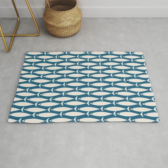 Mid Century Modern Fish Pattern in Teal Blue and Cream Rug Gallery Image 1