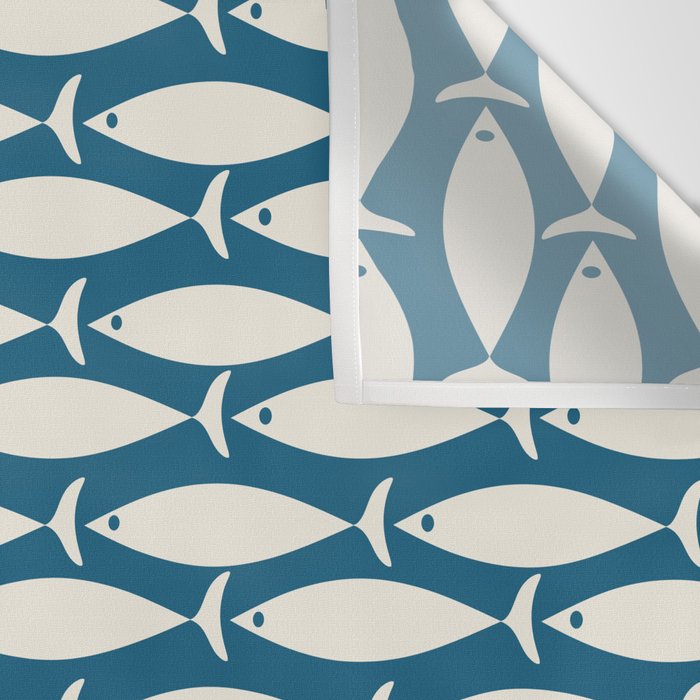 Mid Century Modern Fish Pattern in Teal Blue and Cream Wall Tapestry Gallery Image 3