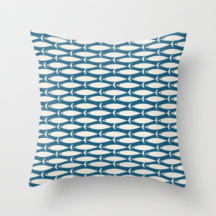 Mid Century Modern Fish Pattern in Teal Blue and Cream Throw Pillow Gallery Image 6