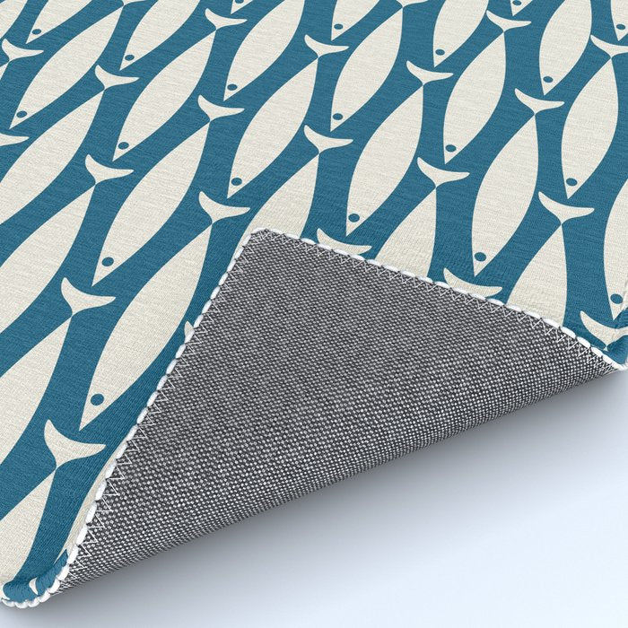 Mid Century Modern Fish Pattern in Teal Blue and Cream Rug Gallery Image 4