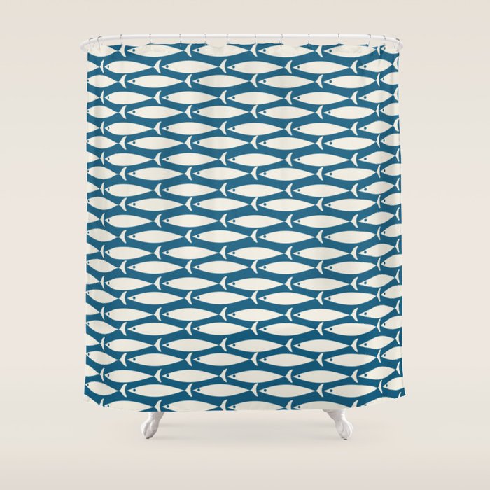 Mid Century Modern Fish Pattern in Teal Blue and Cream Shower Curtain Gallery Image 1