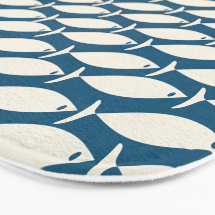 Mid Century Modern Fish Pattern in Teal Blue and Cream Bath Mat Gallery Image 3