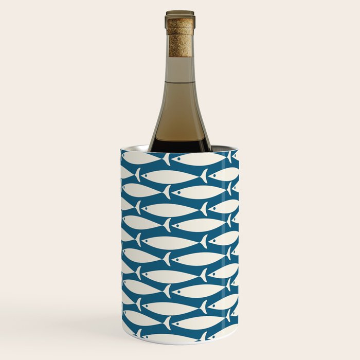 Mid Century Modern Fish Pattern in Teal Blue and Cream Wine Chiller Gallery Image 3