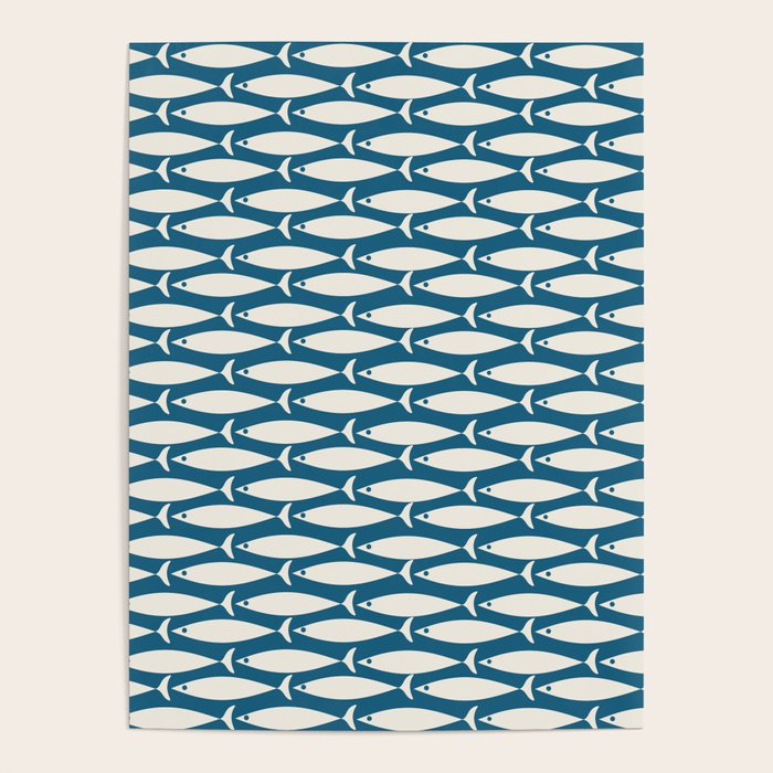 Mid Century Modern Fish Pattern in Teal Blue and Cream Poster Gallery Image 1