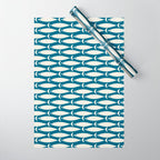 Mid Century Modern Fish Pattern in Teal Blue and Cream Wrapping Paper Gallery Image 1