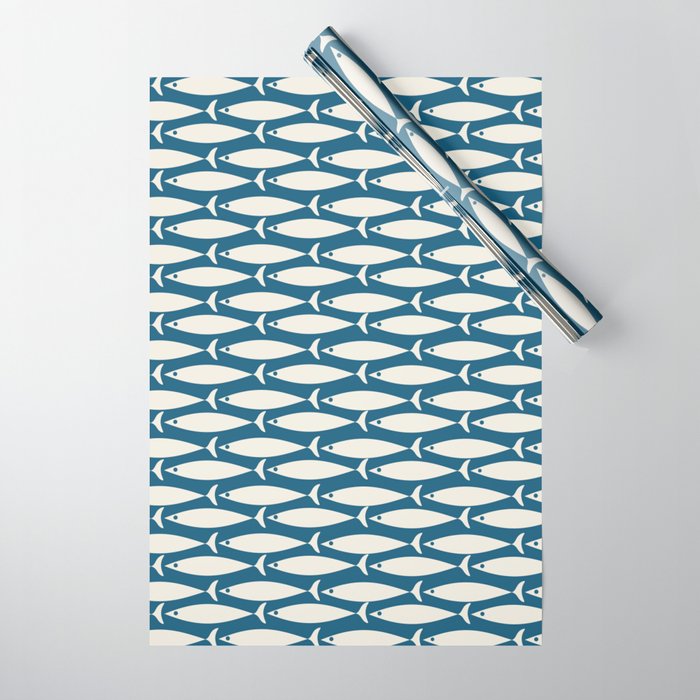 Mid Century Modern Fish Pattern in Teal Blue and Cream Wrapping Paper Gallery Image 1