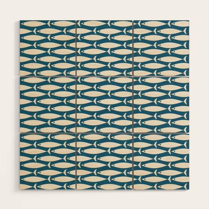 Mid Century Modern Fish Pattern in Teal Blue and Cream Wood Wall Art Gallery Image 1