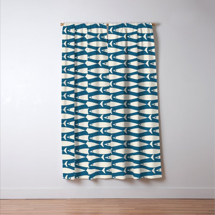Mid Century Modern Fish Pattern in Teal Blue and Cream Window Curtain Gallery Image 3