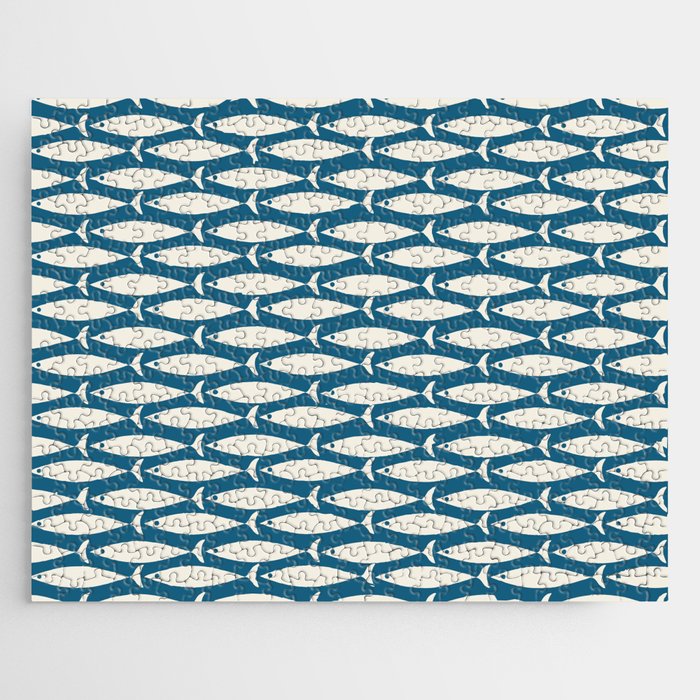 Mid Century Modern Fish Pattern in Teal Blue and Cream Jigsaw Puzzle Gallery Image 1