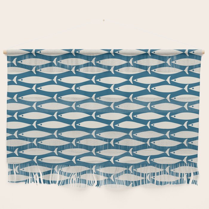 Mid Century Modern Fish Pattern in Teal Blue and Cream Wall Hanging Gallery Image 1