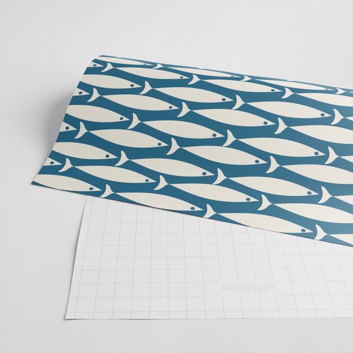 Mid Century Modern Fish Pattern in Teal Blue and Cream Wrapping Paper Gallery Image 2