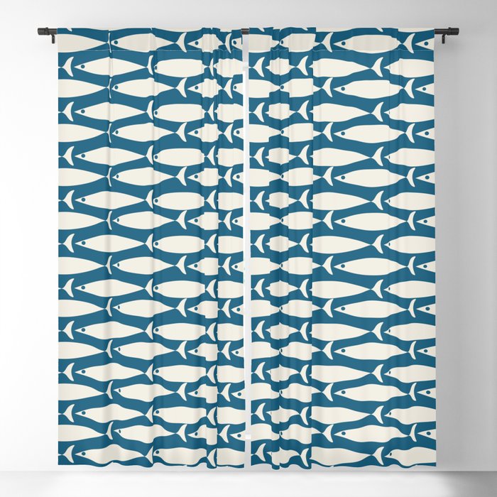 Mid Century Modern Fish Pattern in Teal Blue and Cream Window Curtain Gallery Image 5