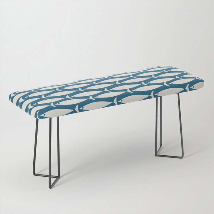 Mid Century Modern Fish Pattern in Teal Blue and Cream Bench Gallery Image 1