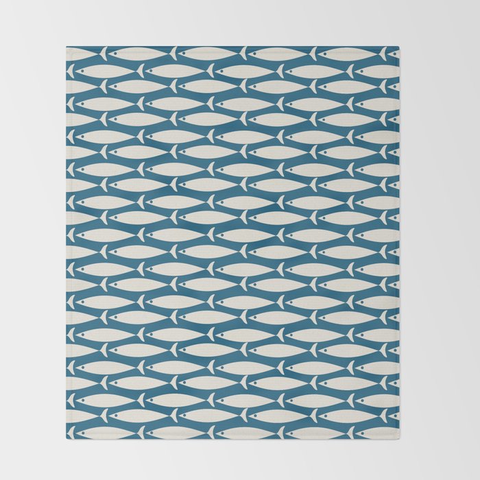 Mid Century Modern Fish Pattern in Teal Blue and Cream Throw Blanket Gallery Image 2