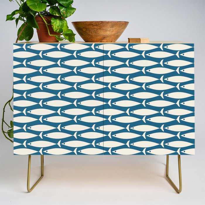 Mid Century Modern Fish Pattern in Teal Blue and Cream Credenza Gallery Image 1
