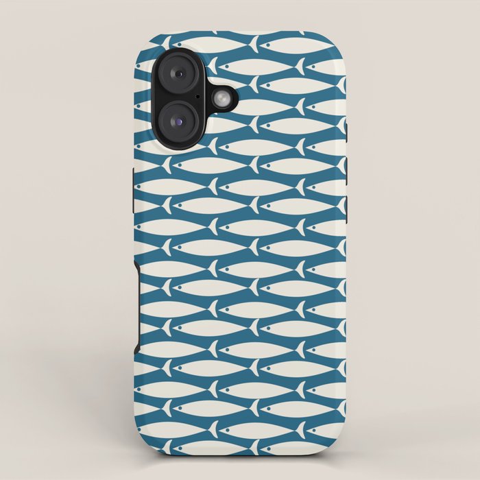 Mid Century Modern Fish Pattern in Teal Blue and Cream iPhone Case Gallery Image 1