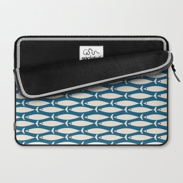 Mid Century Modern Fish Pattern in Teal Blue and Cream Laptop Sleeve Gallery Image 2