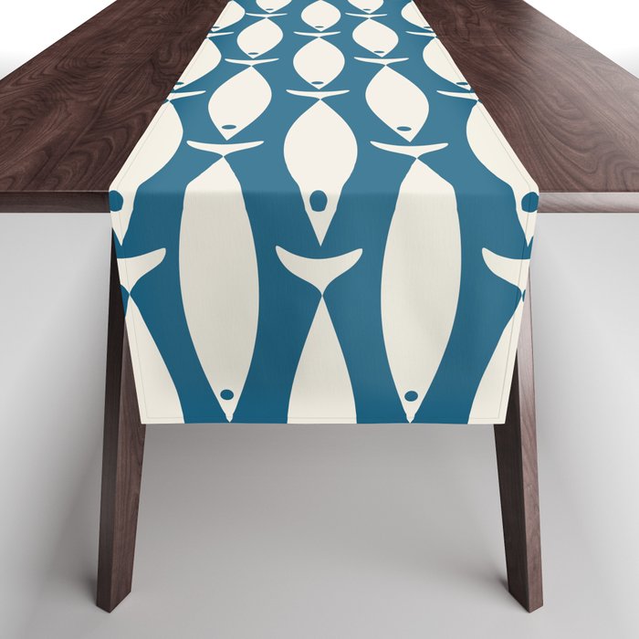 Mid Century Modern Fish Pattern in Teal Blue and Cream Table Runner Gallery Image 1