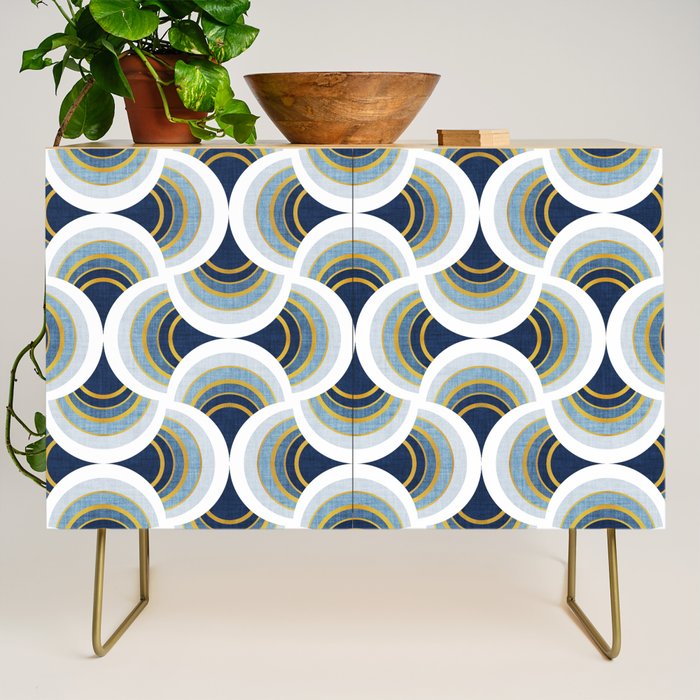 Art deco scallop elegance // blue geometric shapes golden textured lines Credenza Gallery Image 1
