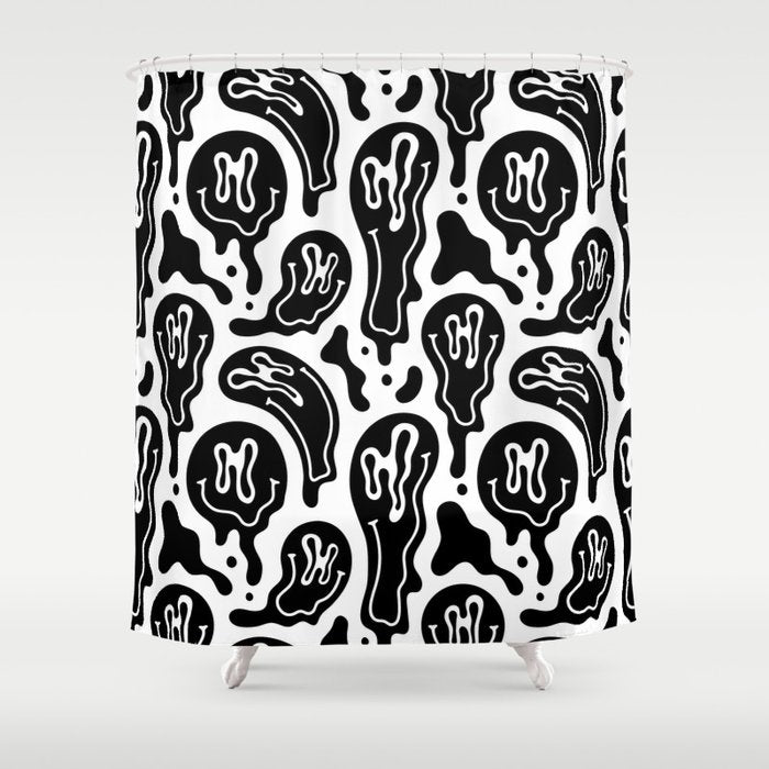 Black and white melted happy face pattern Shower Curtain Gallery Image 1