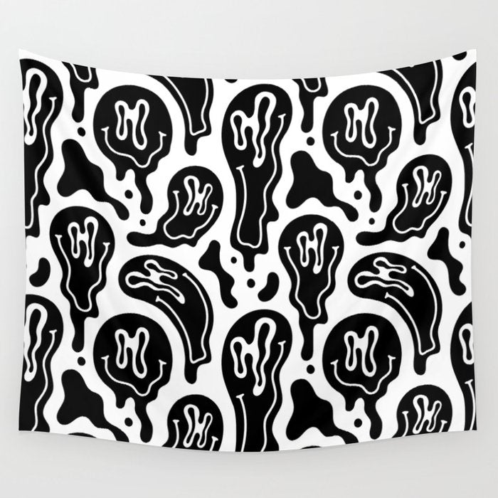 Black and white melted happy face pattern Wall Tapestry Gallery Image 1