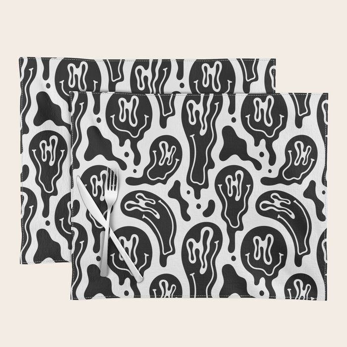 Black and white melted happy face pattern Placemat Gallery Image 1