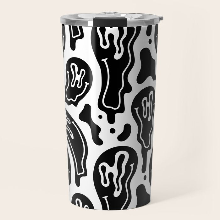 Black and white melted happy face pattern Travel Mug Gallery Image 1