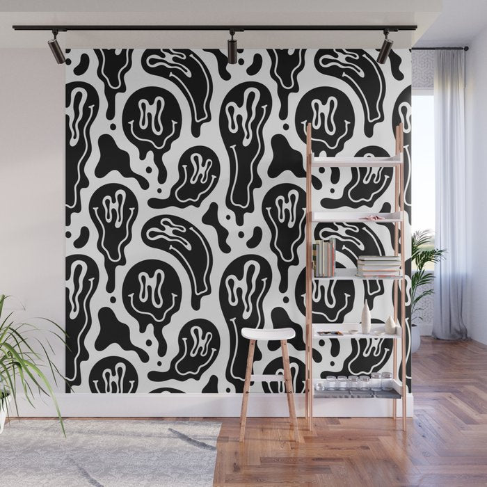 Black and white melted happy face pattern Wall Mural Gallery Image 1
