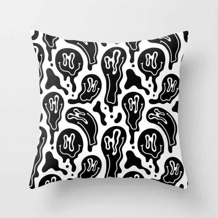 Black and white melted happy face pattern Throw Pillow Gallery Image 6