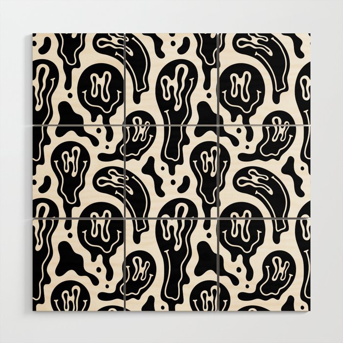 Black and white melted happy face pattern Wood Wall Art Gallery Image 1