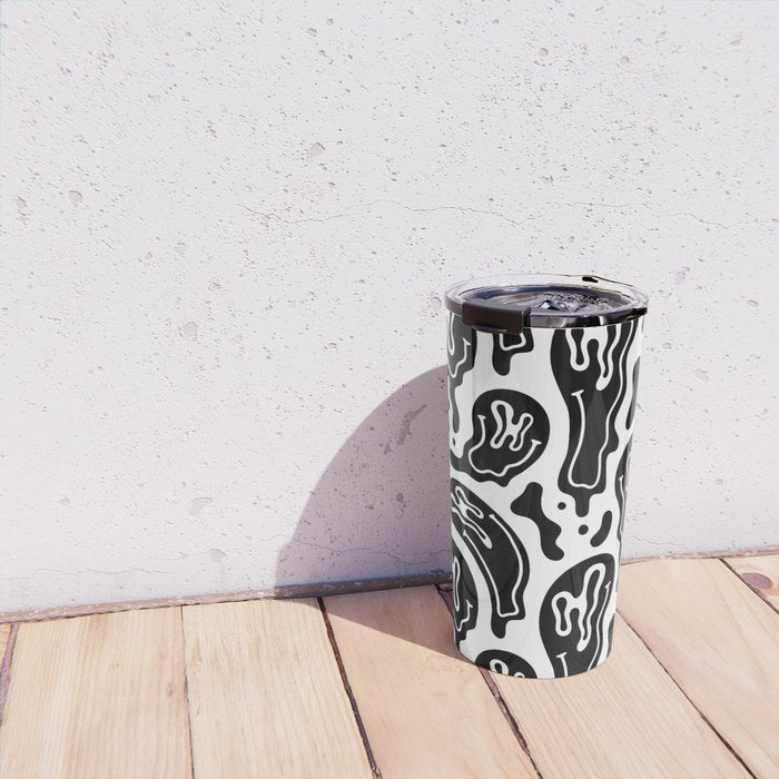 Black and white melted happy face pattern Travel Mug Gallery Image 4