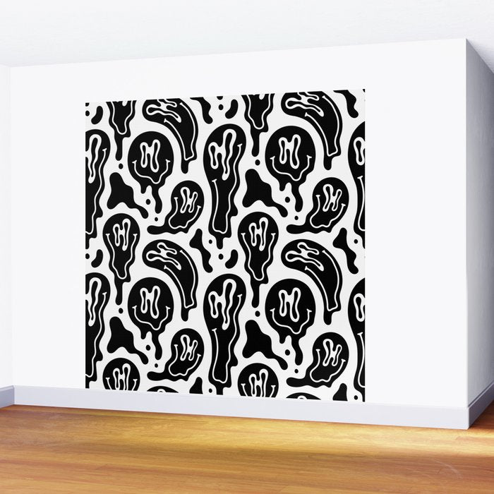 Black and white melted happy face pattern Wall Mural Gallery Image 2