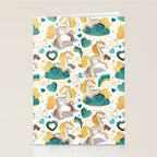 Kicking off some magic // white background white and grey unicorns aqua and mint hearts clouds and rainbows golden lines Stationery Card Gallery Image 2