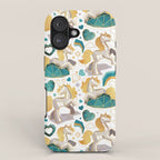 Kicking off some magic // white background white and grey unicorns aqua and mint hearts clouds and rainbows golden lines iPhone Case Gallery Image 1