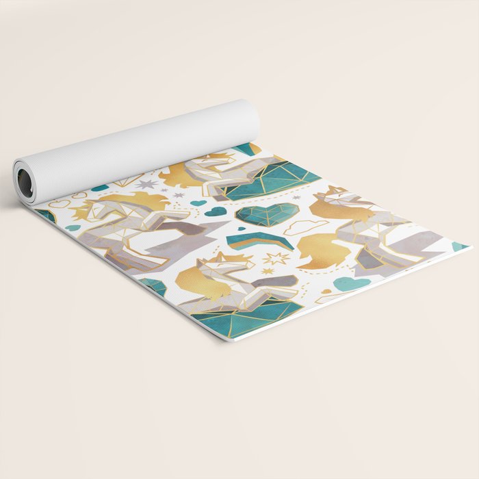Kicking off some magic // white background white and grey unicorns aqua and mint hearts clouds and rainbows golden lines Yoga Mat Gallery Image 2